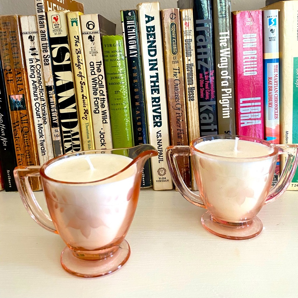 Two Homemade Soywax Candles - Vintage Pink Depression Era Pink Creamer + Sugar